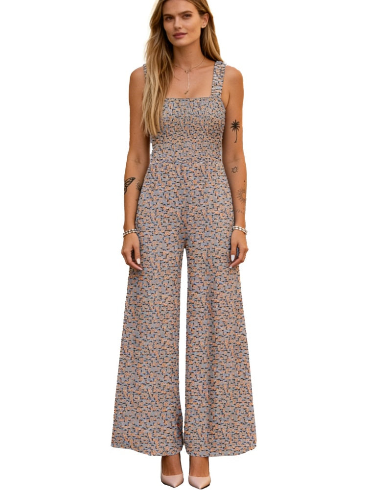 Smocked Square Neck Wide Leg Floral Jumpsuit