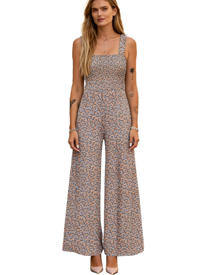 Smocked Square Neck Wide Leg Floral Jumpsuit