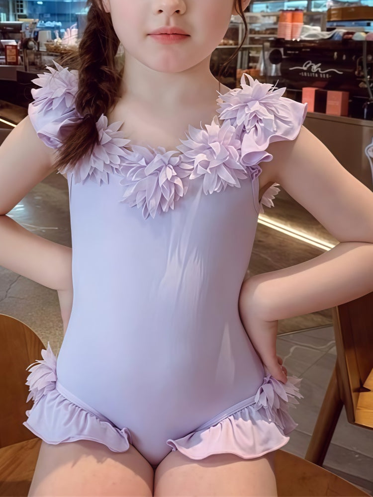 Girls Floral One-Piece Swimsuit –Cute Ruffle Kids Swimwear