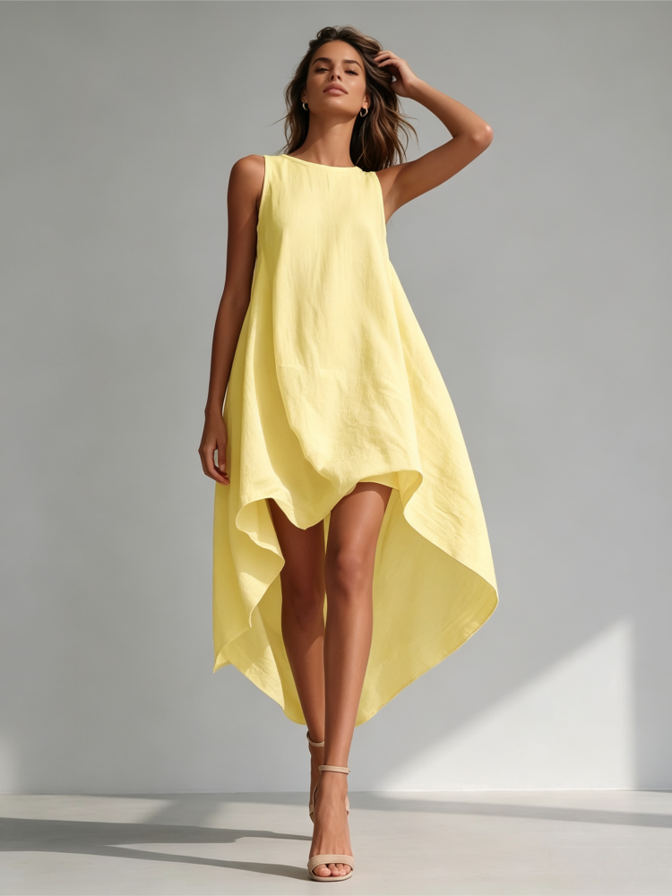 Sleeveless cotton-linen dress with a high-low hem