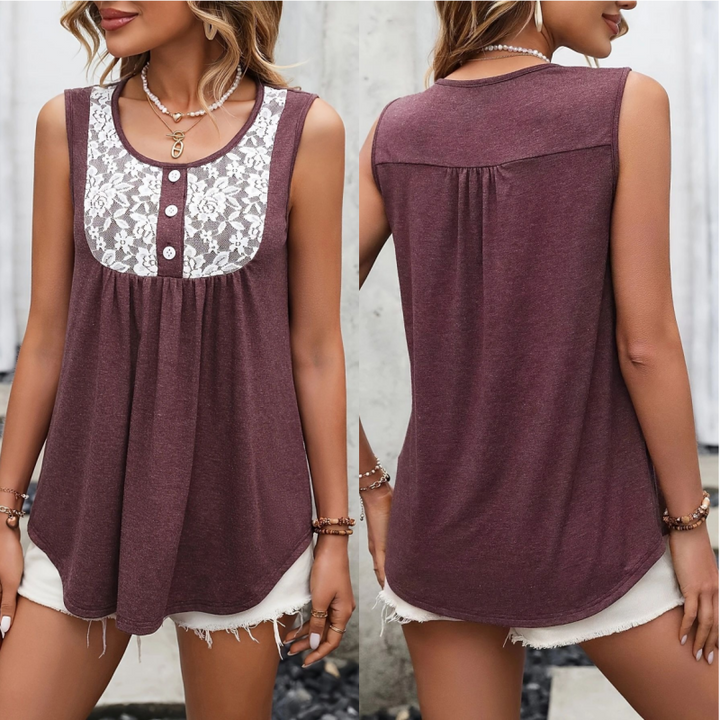 Casual sleeveless patchwork printed button top