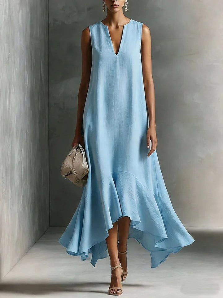 Deep V-neck sleeveless dress with an asymmetrical hem, elegant and slimming