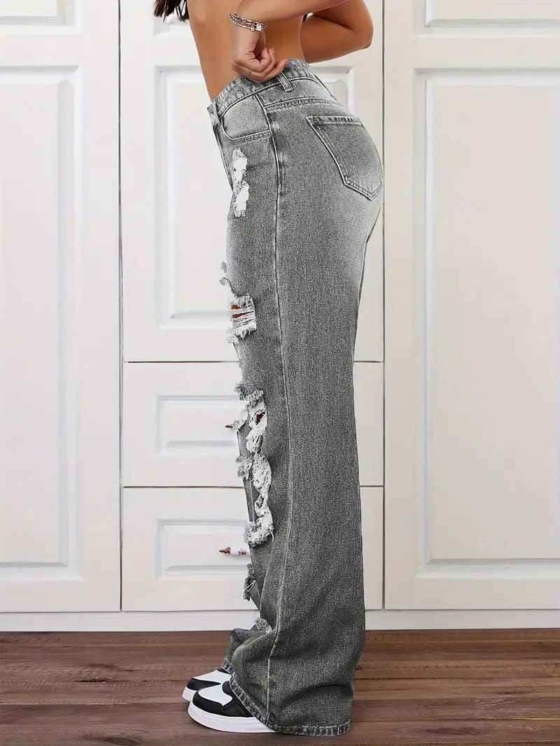 Retro distressed washed high-waisted straight leg jeans
