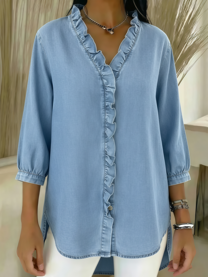 Ruffled V-Neck Denim Button-Down Blouse