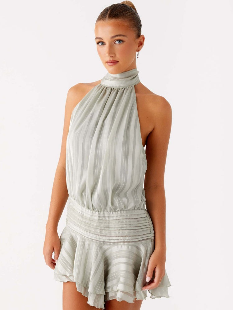 Pleated Halter Neck Ruffle Mini Dress