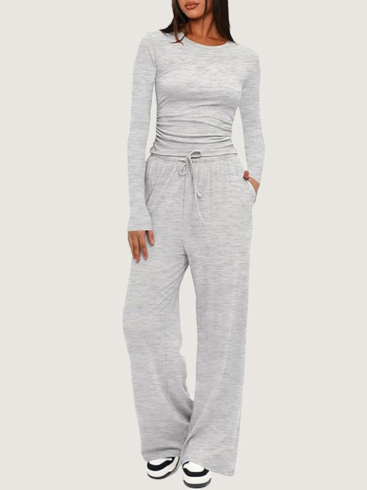 Ruched Long Sleeve Top &amp; Drawstring Wide Leg Pants Set