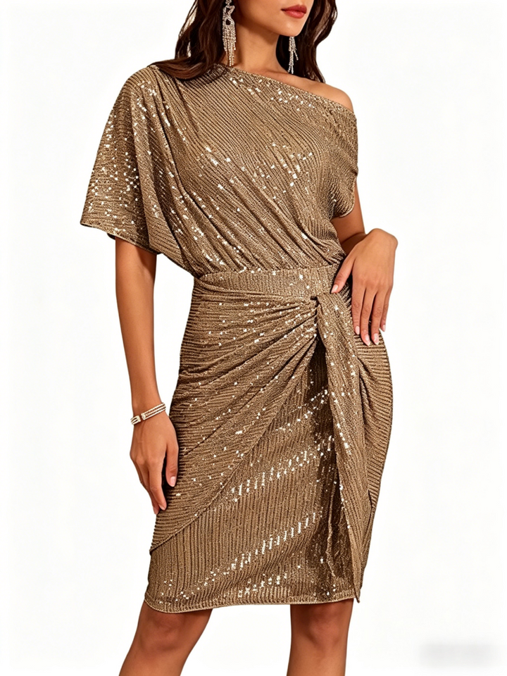 Sequin One-Shoulder Wrap Midi Dress