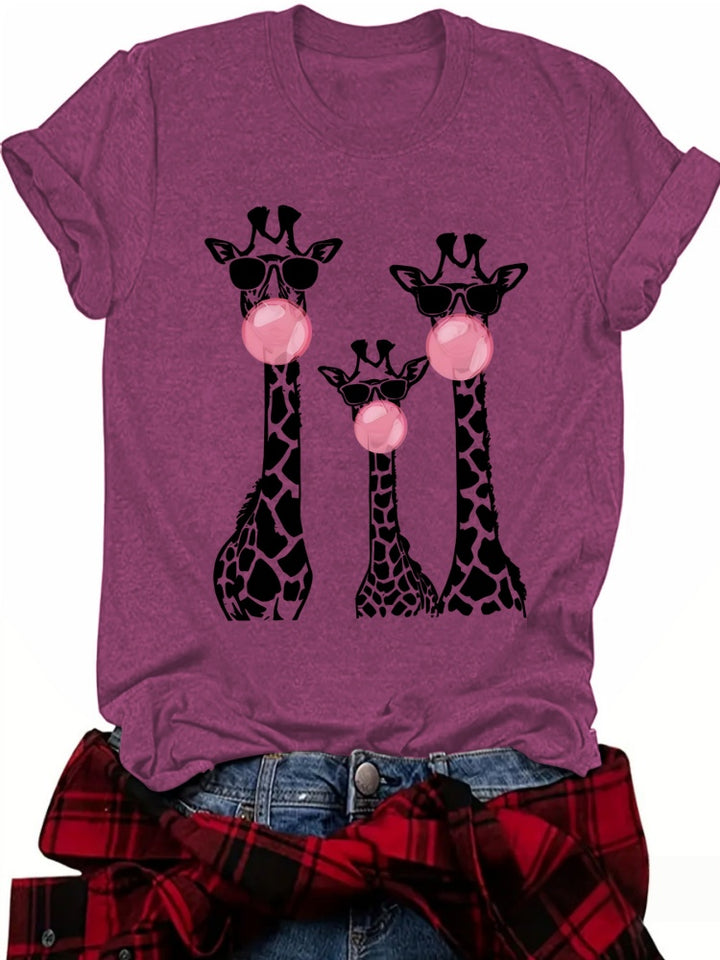Funny Giraffe Family Bubblegum Print Crew Neck T-Shirt