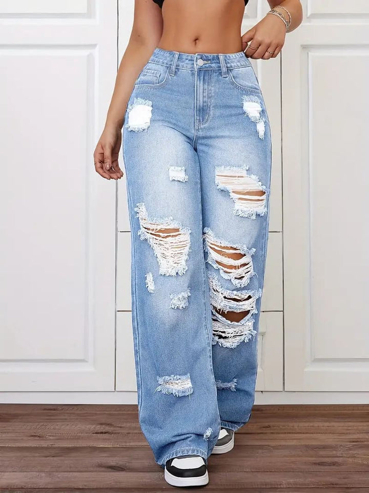 Retro distressed washed high-waisted straight leg jeans