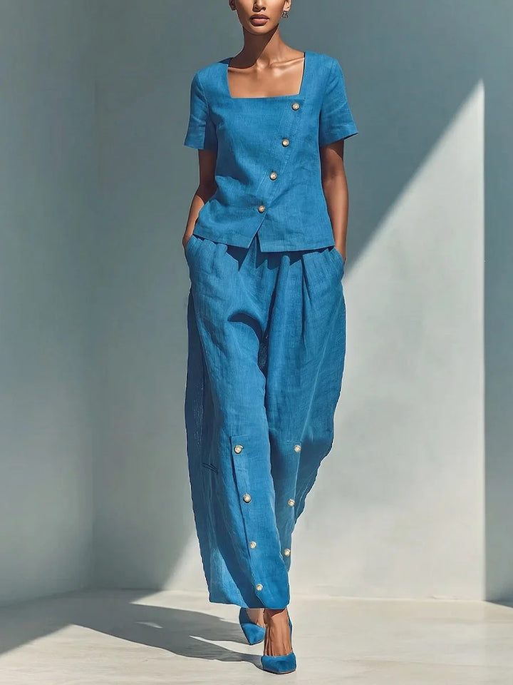 Stylish solid color loose short-sleeved top and high-waisted trousers two-piece set