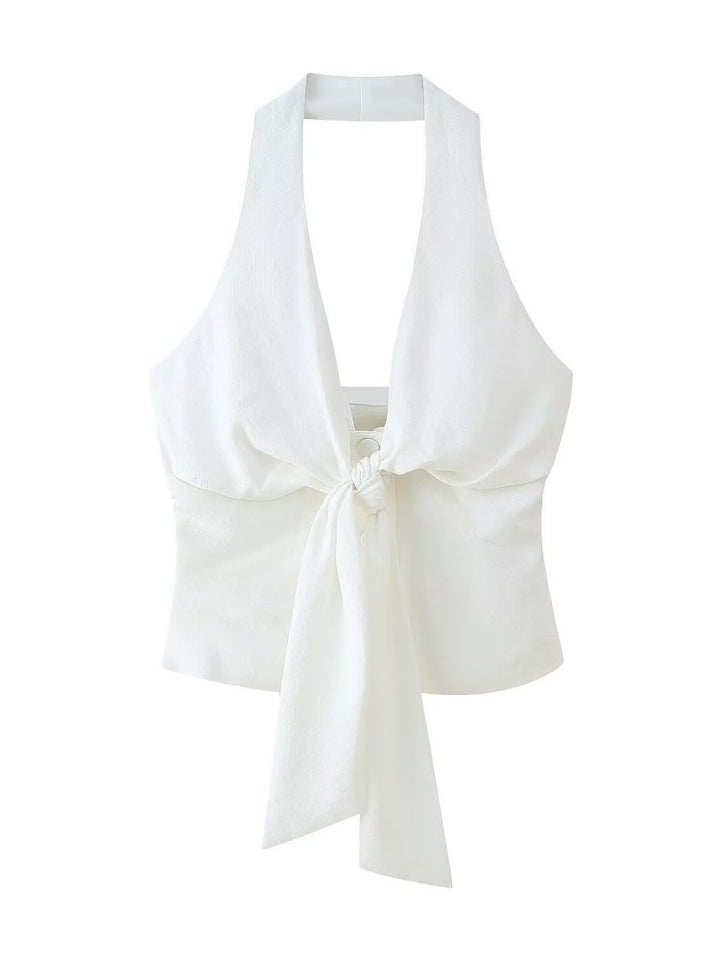 White Halter Tie-Front Top &amp; High-Waisted Wide Leg Pants Set