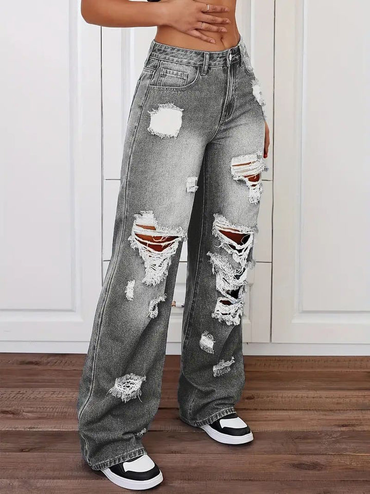 Retro distressed washed high-waisted straight leg jeans