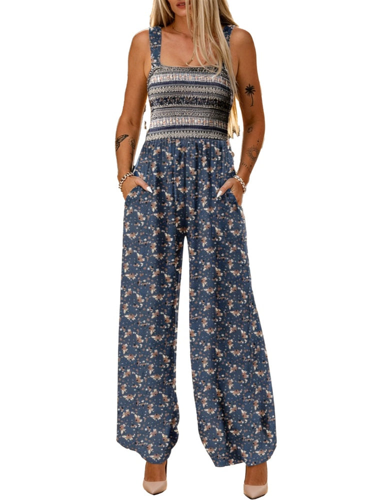 Smocked Square Neck Wide Leg Floral Jumpsuit