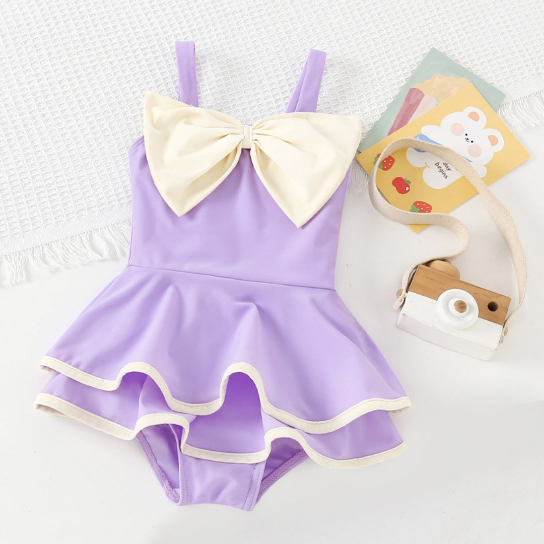 Girls Ruffle One-Piece Swimsuit – Bowknot Princess Swim Dress with Cap