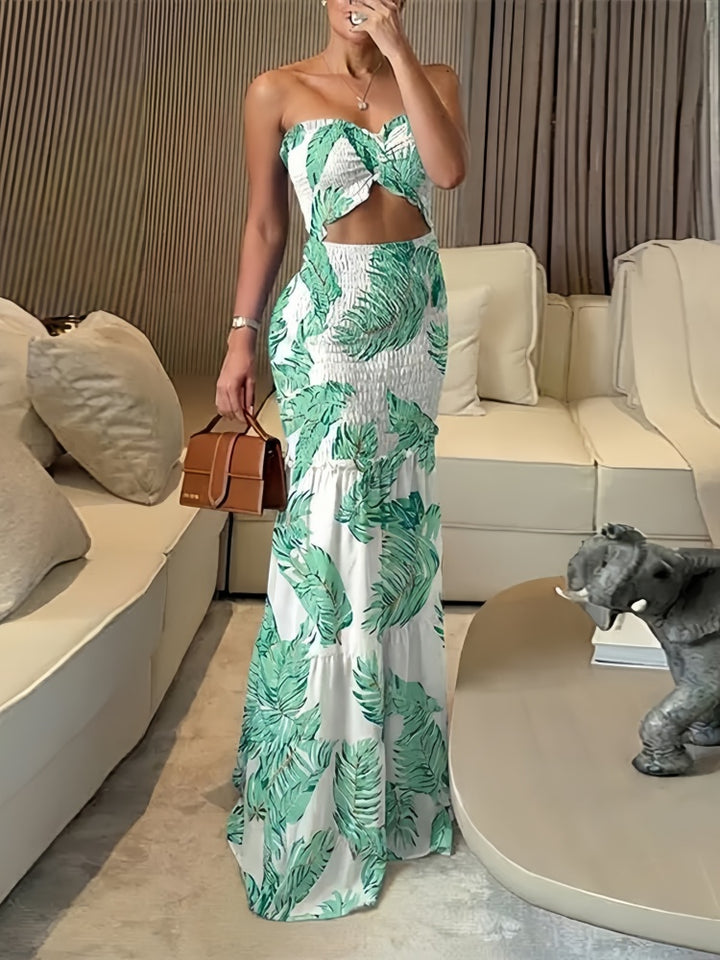 Blue White Leaf Print Ruched Bandeau Two Piece Maxi Skirt Set