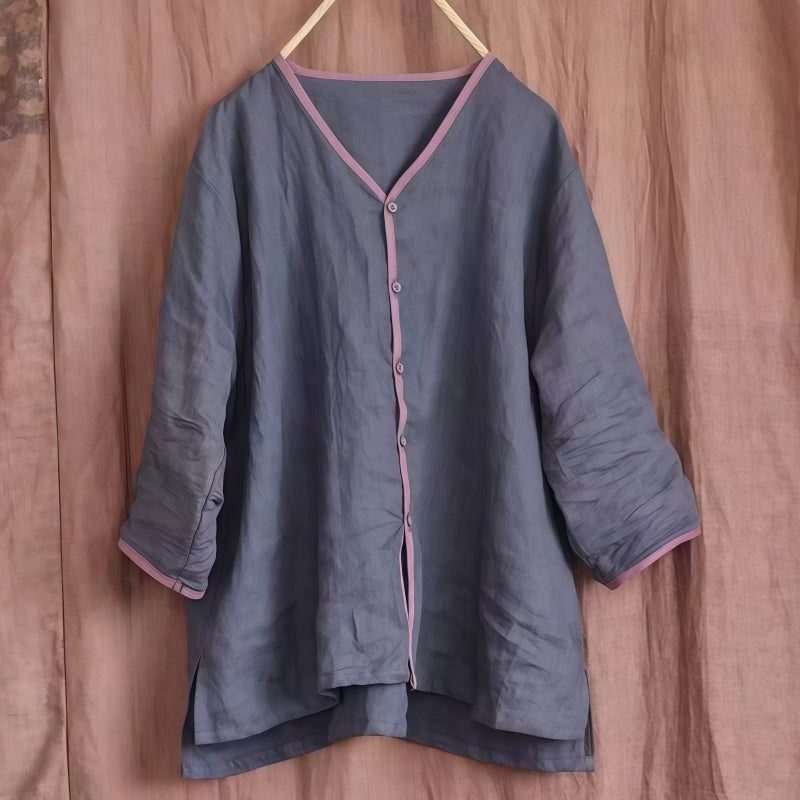 Contrast Piping V Neck Cotton Open Front Shirt