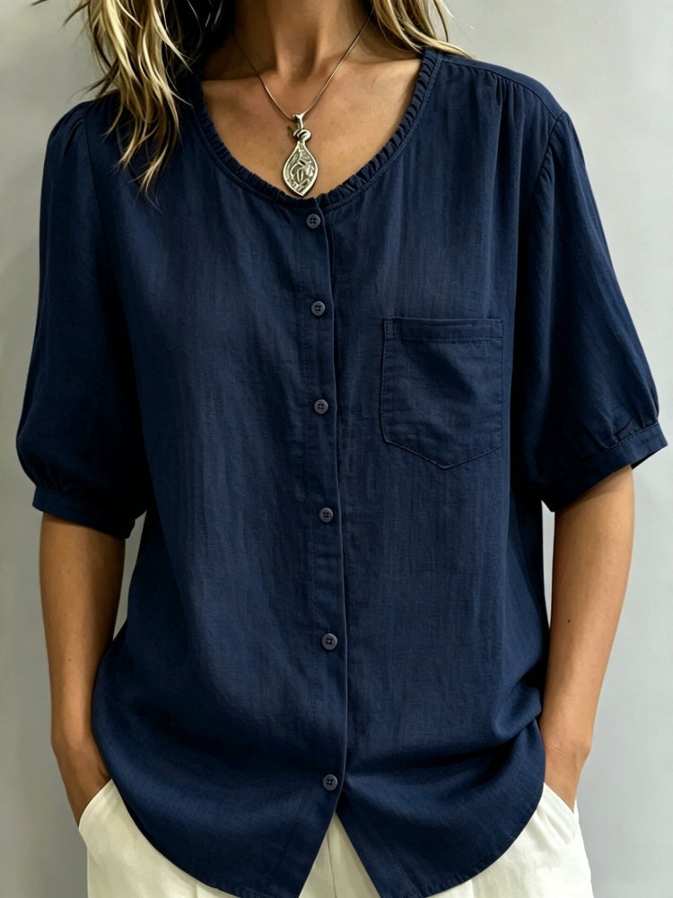 Linen Blend Ruffled Neck Puff Sleeve Button-Down Blouse
