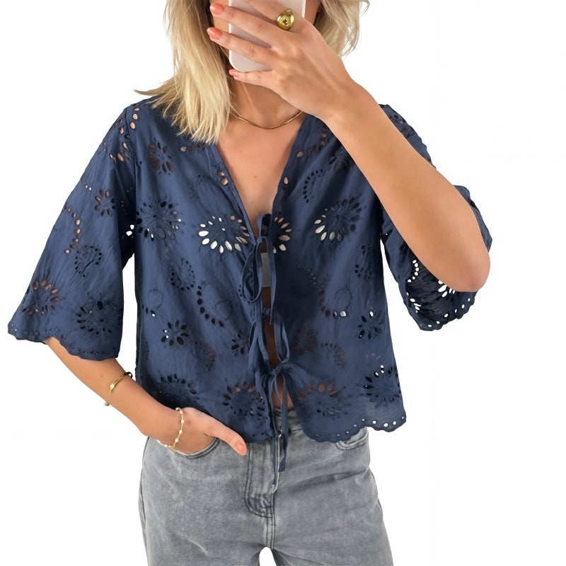 Eyelet Embroidery Tie-Front Crop Blouse