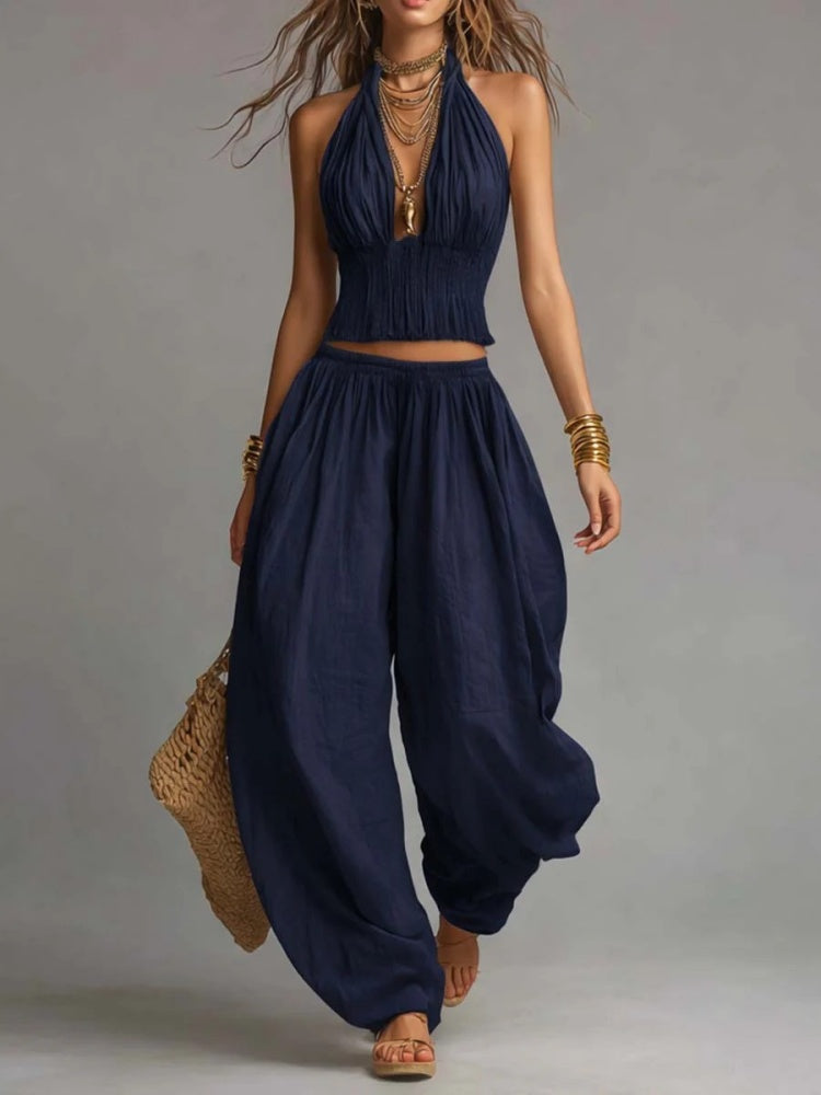 Halter Neck Smocked Crop Top &amp; Harem Pants Set