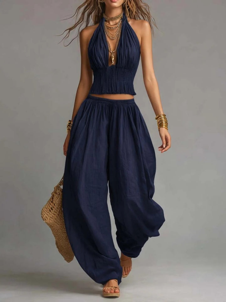 Halter Neck Smocked Crop Top &amp; Harem Pants Set