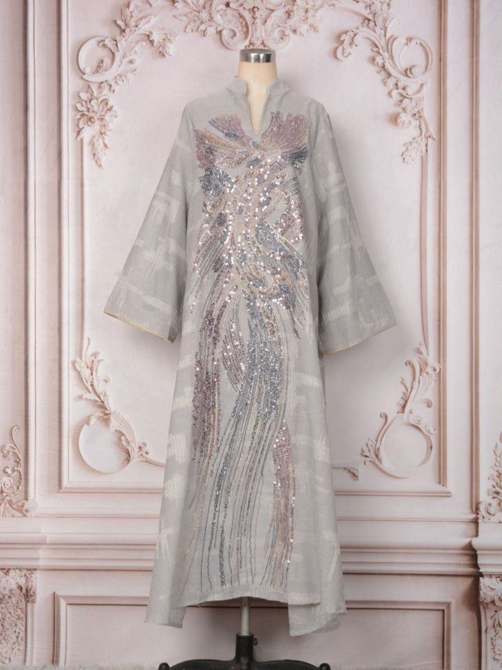 Sequin Embroidered Long Sleeve Abaya Dress
