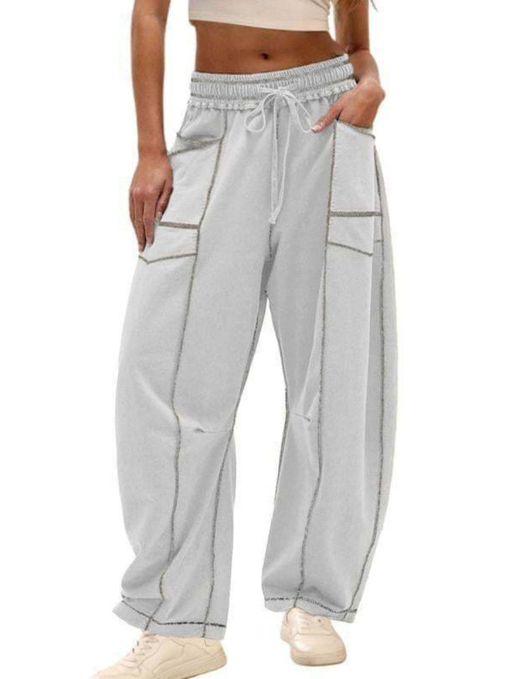 Elastic Waist Contrast Stitch Wide Leg Pants