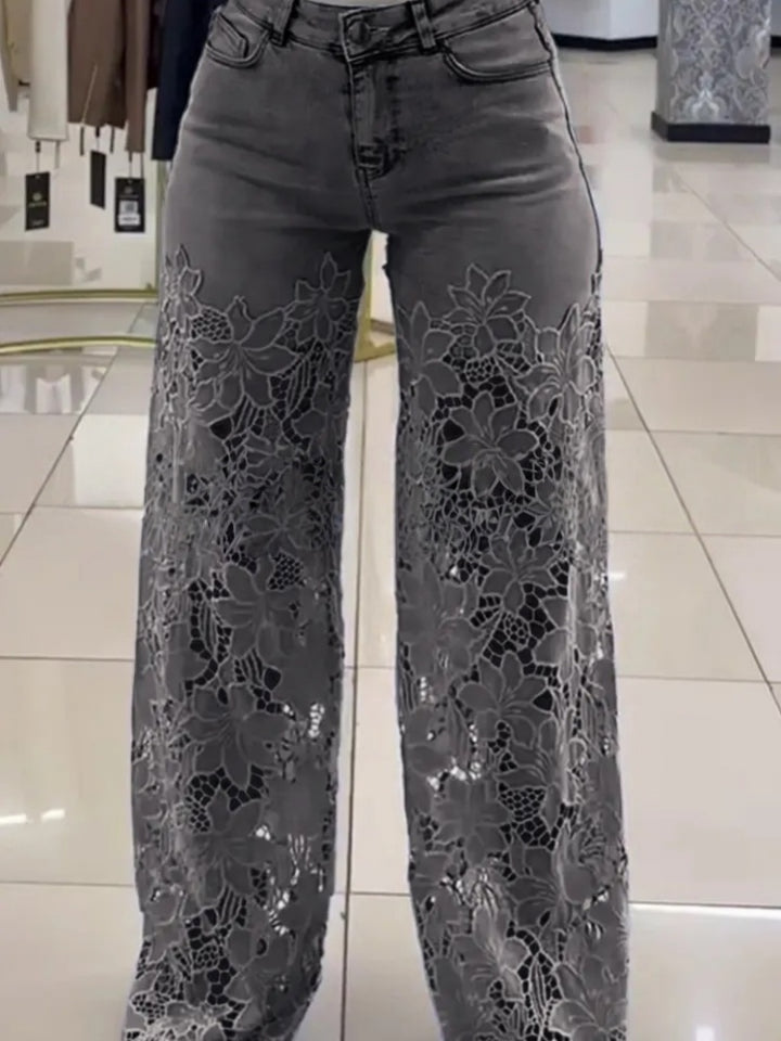 High Waisted Wide Leg Lace Panel Jeans
