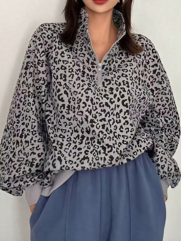 Leopard Print Corduroy Half-Zip Pullover
