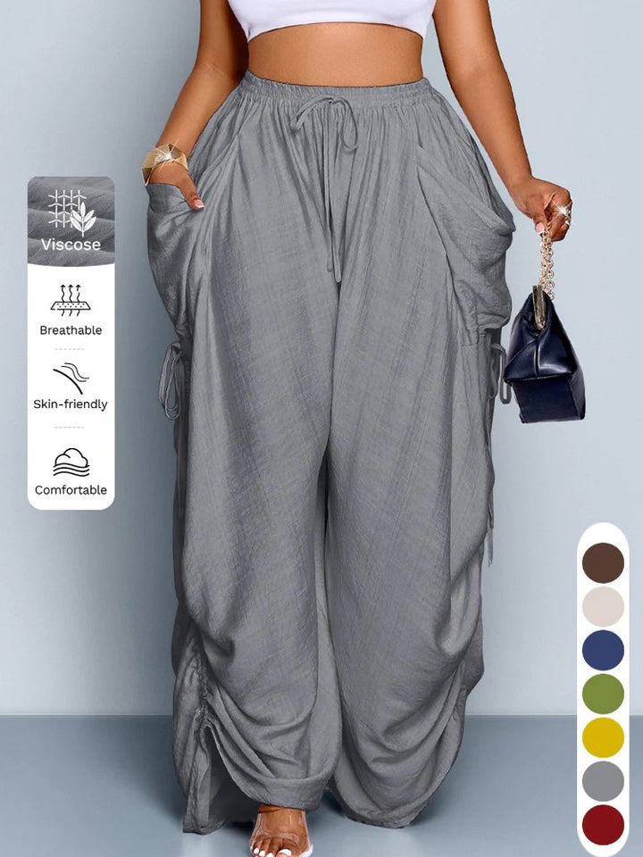 Plus Size Drawstring Ruched Wide Leg Cargo Pants with Pockets