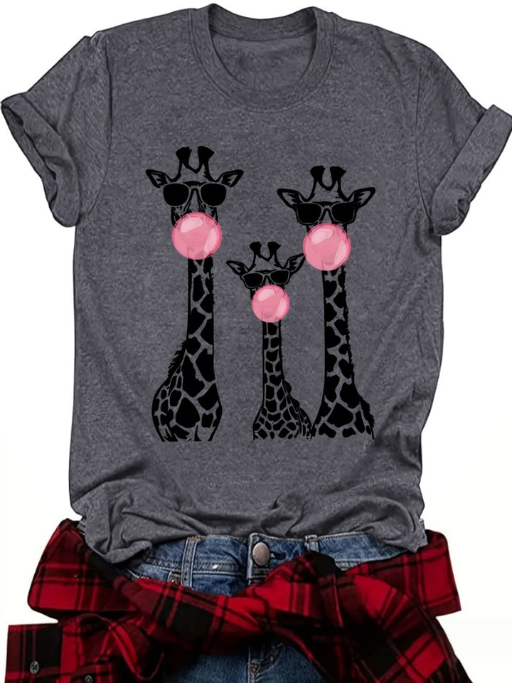 Funny Giraffe Family Bubblegum Print Crew Neck T-Shirt