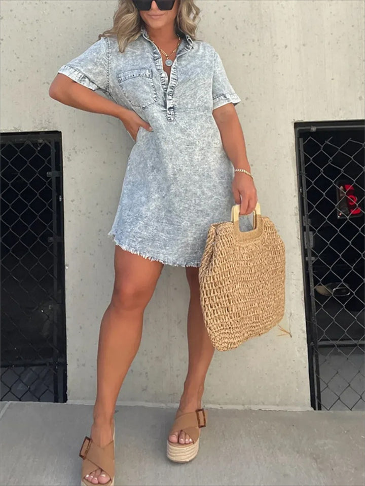 Women’s Collar Denim Skirt Tassel Hem Dress