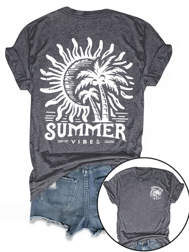Summer Vibes Sun &amp; Palm Print V-Neck T-Shirt
