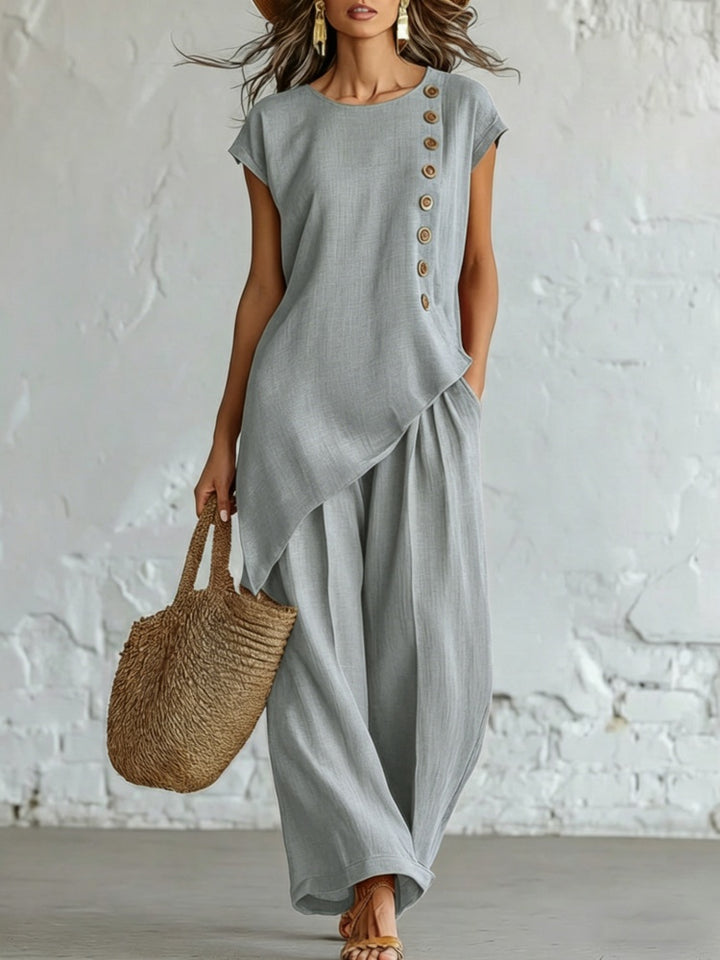 Asymmetrical Button Side Top &amp; Wide Leg Pants 2 Piece Linen Look Outfit Set