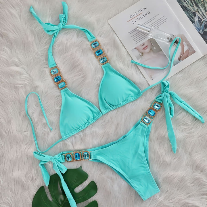 Crystal Embellished Halter Triangle Bikini Set