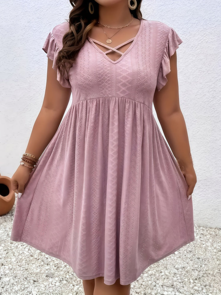 Plus Size Flutter Sleeve V-Neck Dress
