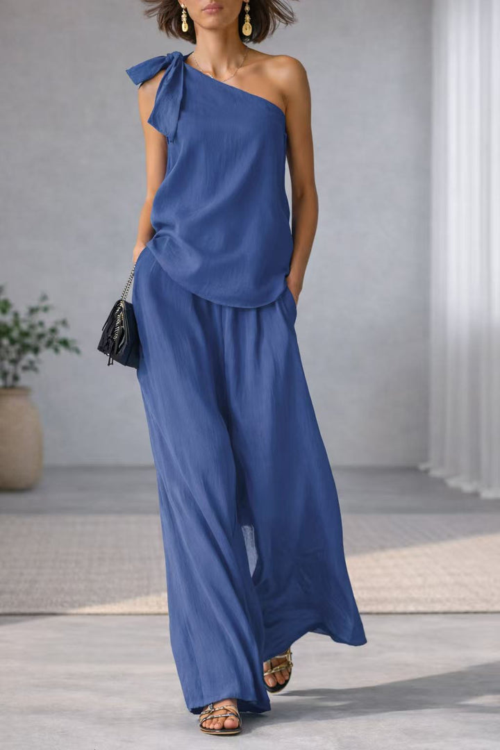 Sleeveless one-shoulder top with tie and wide-leg women&