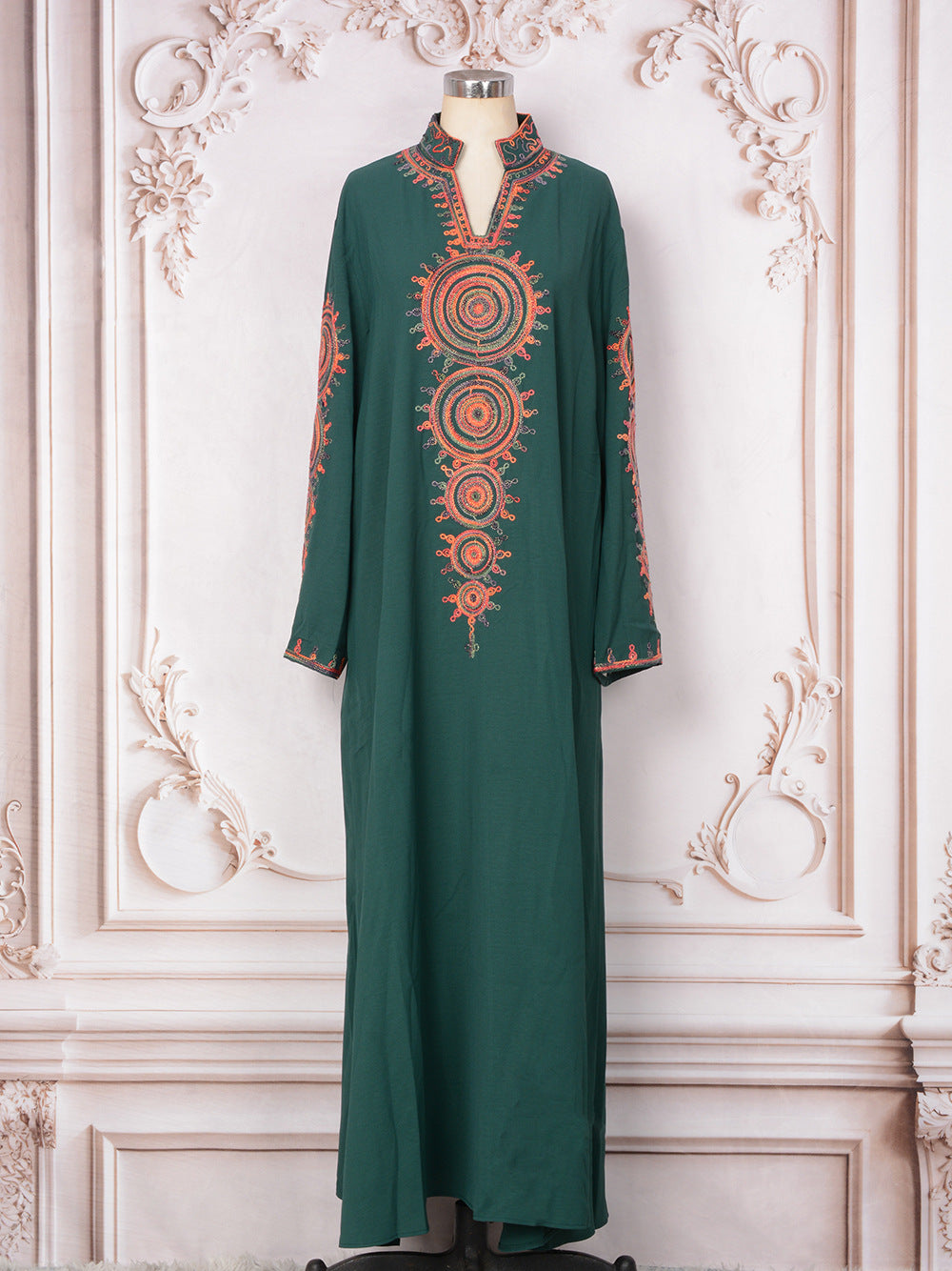 Ethnic Geometric Embroidered Abaya Maxi Dress