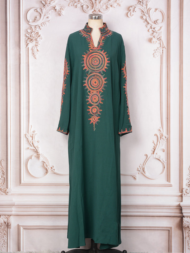 Ethnic Geometric Embroidered Abaya Maxi Dress