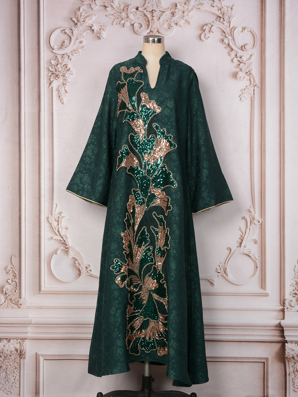 Sequin Embroidered Floral Abaya Maxi Dress