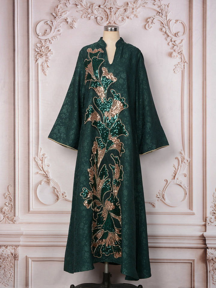 Sequin Embroidered Floral Abaya Maxi Dress