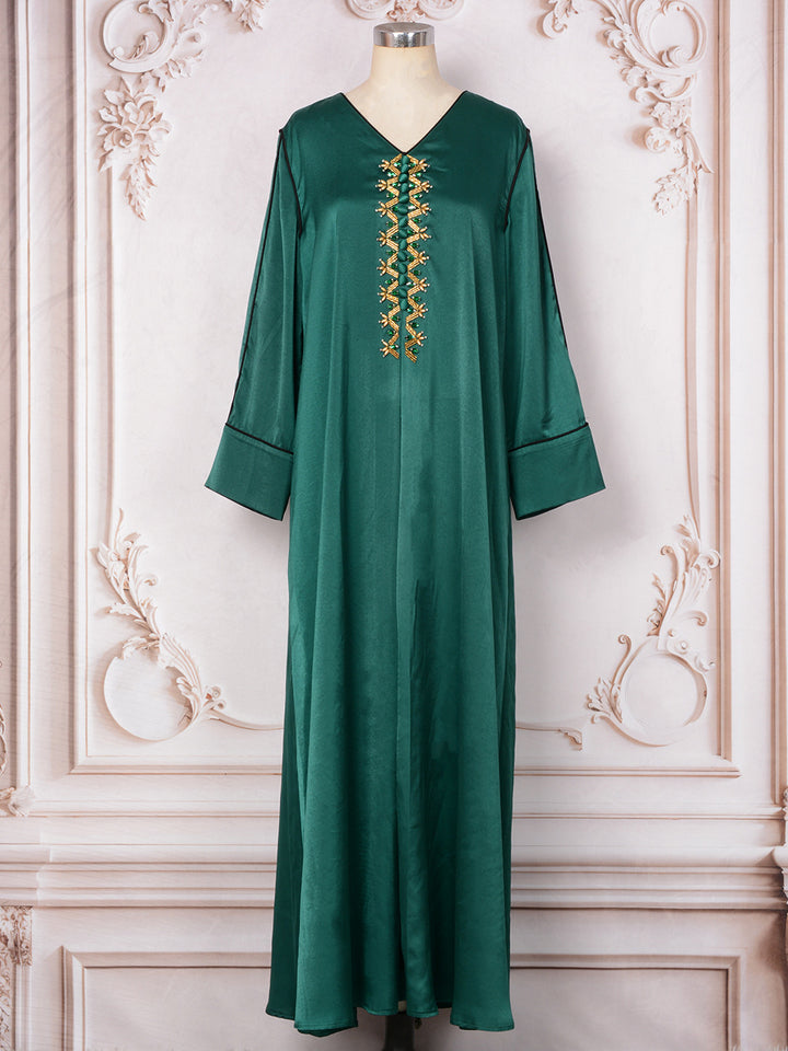 Emerald Green Satin Abaya Maxi Dress with Gold Embroidery