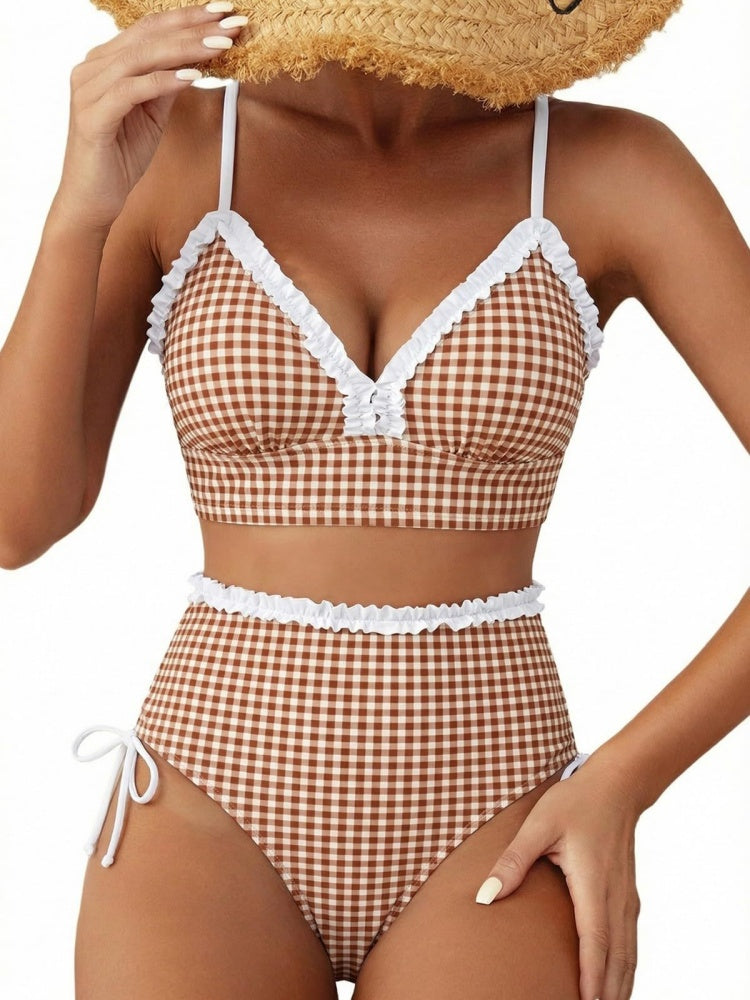 Ruffle Trim Striped High Waisted Bikini Set