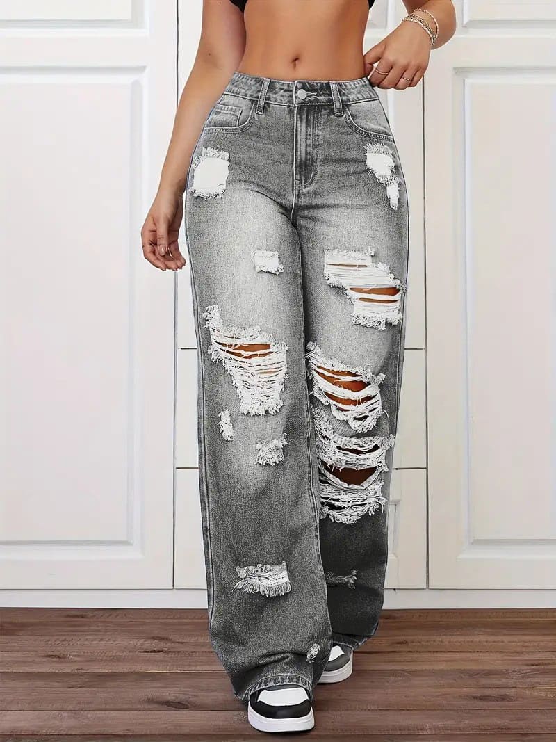 Retro distressed washed high-waisted straight leg jeans
