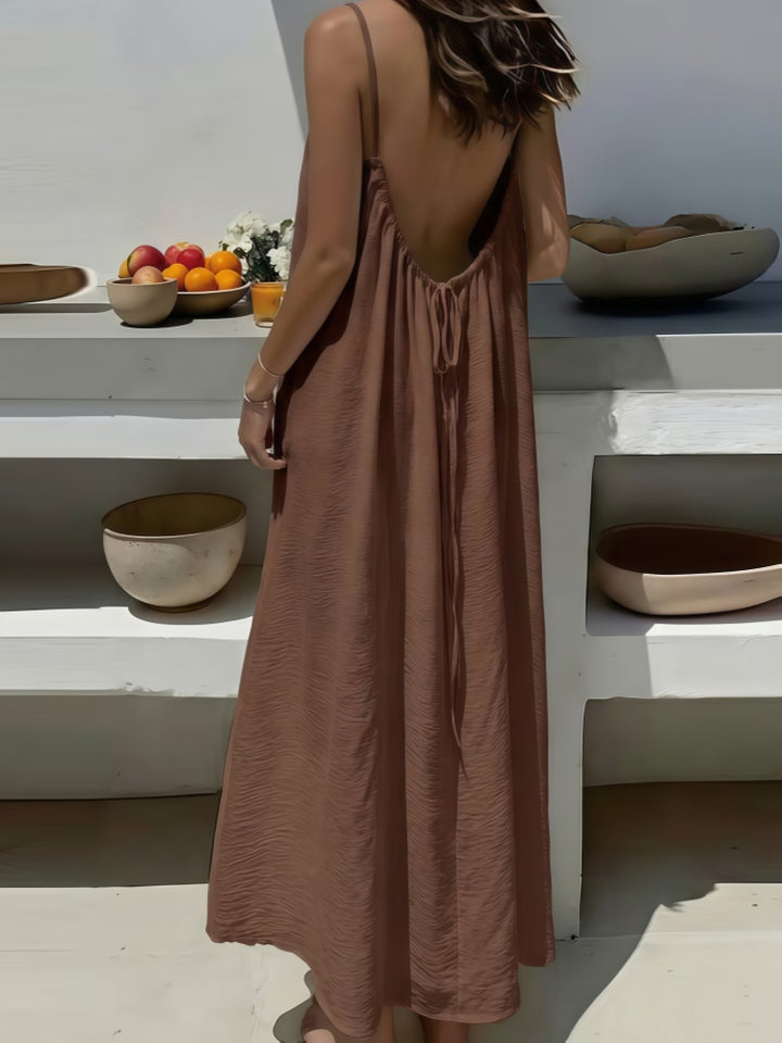 Spaghetti Strap Open Back Pleated Maxi Dress