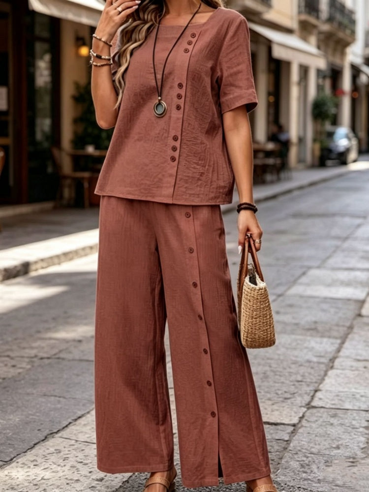 Cotton Linen Two-Piece Set - Button Detail Short Sleeve Top &amp; Wide Leg Pants