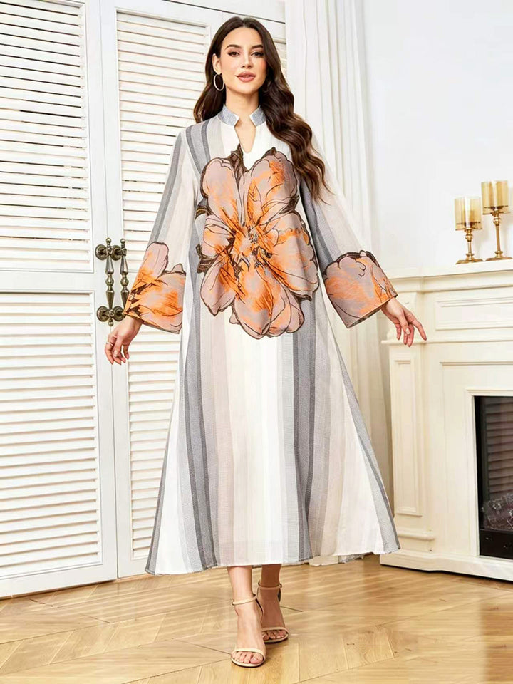 Oversized Floral Applique Striped Abaya Maxi Dress
