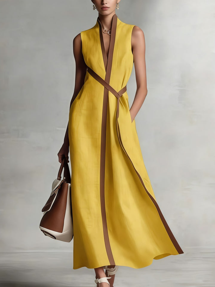 Color Block Linen-Blend Sleeveless Maxi Dress
