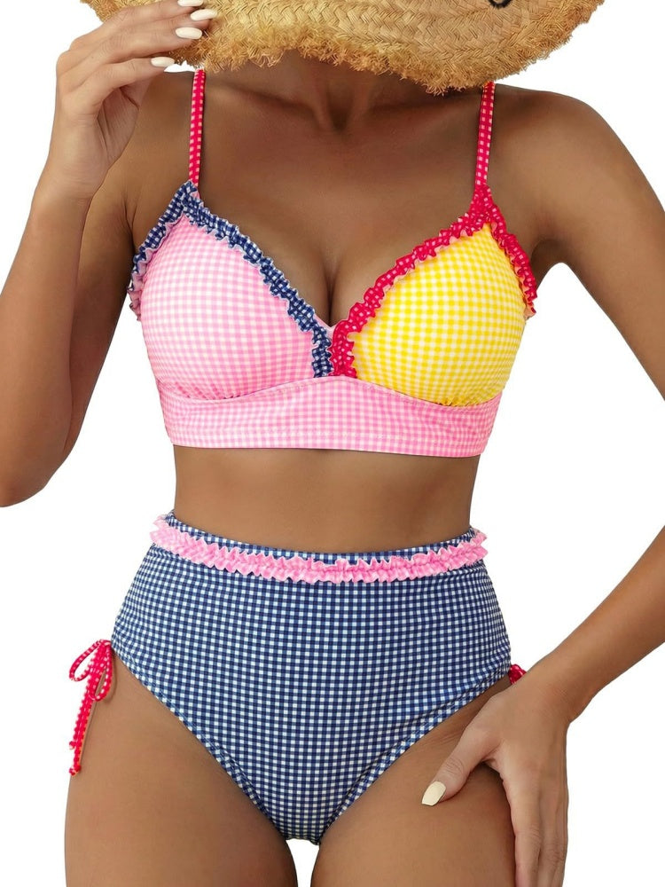 Ruffle Trim Striped High Waisted Bikini Set