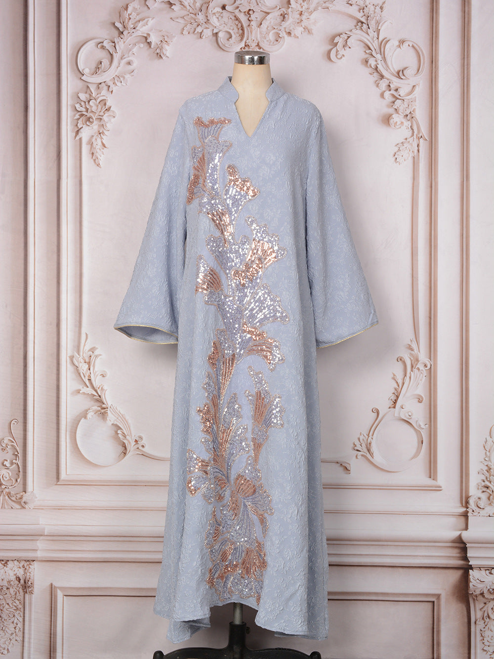 Sequin Embroidered Floral Abaya Maxi Dress
