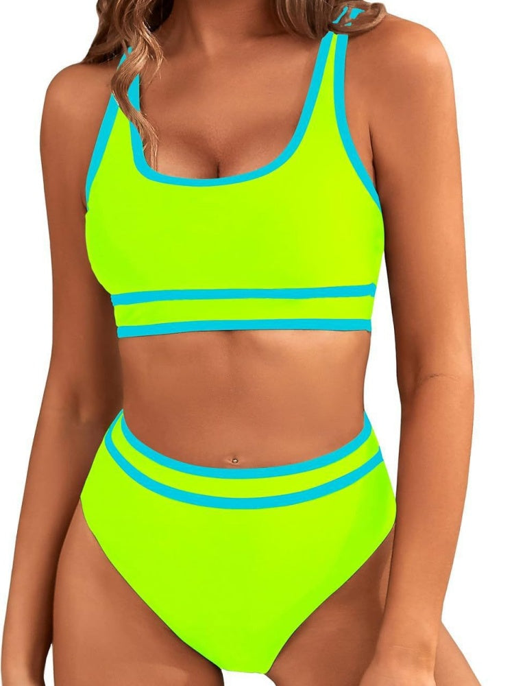 Contrast Trim Stripe High Waisted Bikini Set